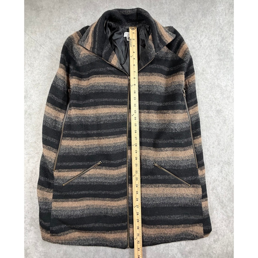 Tobi Womens Medium Poncho Coat Wool Blend Black Tan Gray Striped Full Zip Lined - Picture 9 of 10